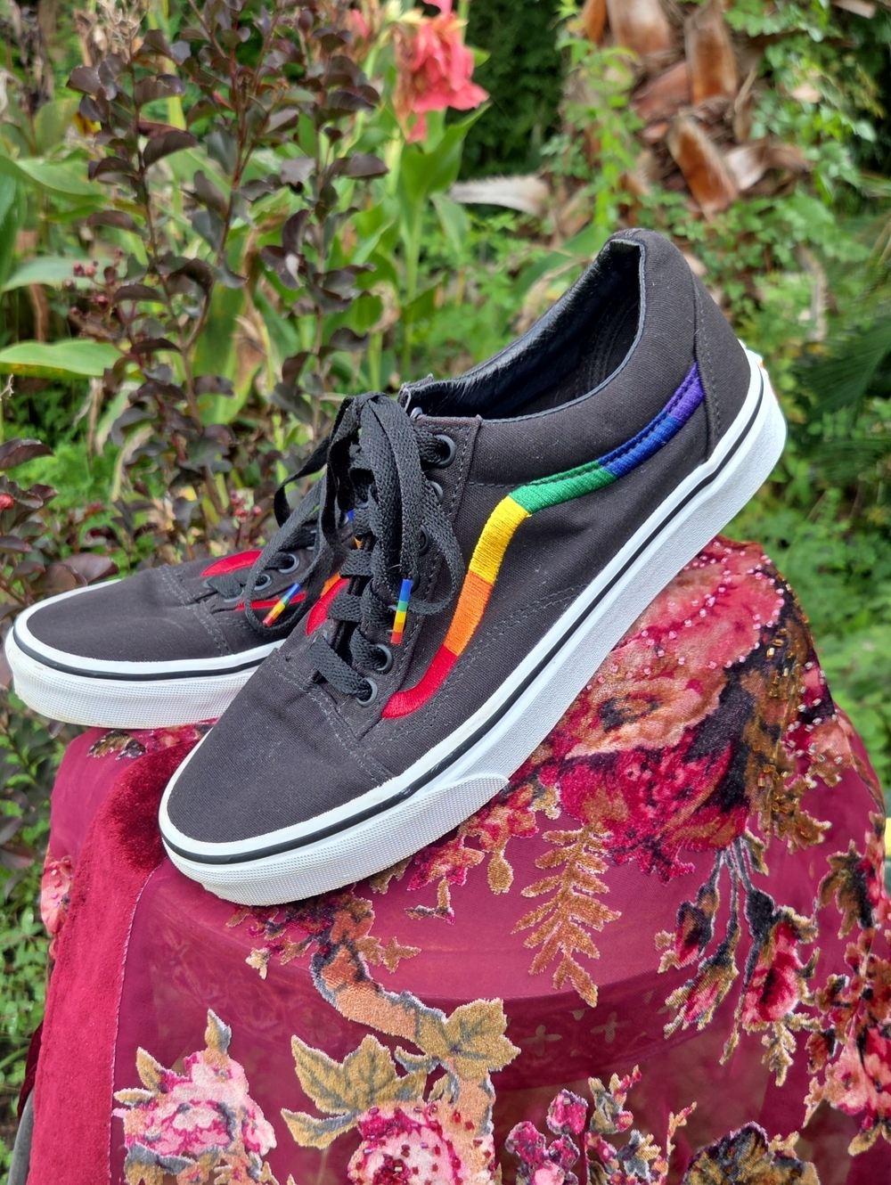 Women's Vans Black Canvas Lace-Up Sneakers with Rainbow Stripe